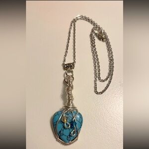 Silver and Blue Turquoise Wire-Wrapped Pendant Necklace